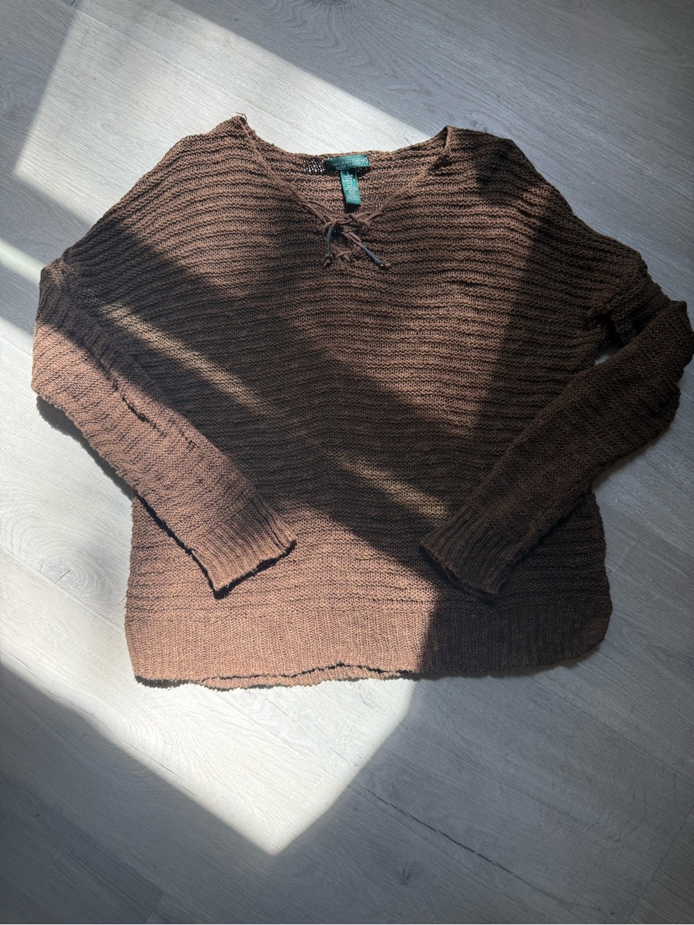 Ralph Lauren boho textured cotton linen tie neck Brown V-Neck Knit Sweater large